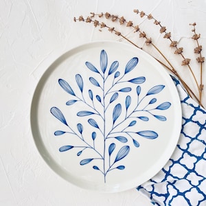 blue floral ceramics - floral dinnerware - flowers on plate - housewarming gift - handmade pottery - modern plates - indigo dish