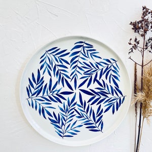 blue leaf porcelain plate , dinnerware plate , handmade porcelain , floral plate , dining set plates , cobalt blue ceramics , gift for her