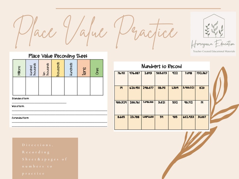 Place Value Practice. Educational Worksheets, Digital Download, Math ...