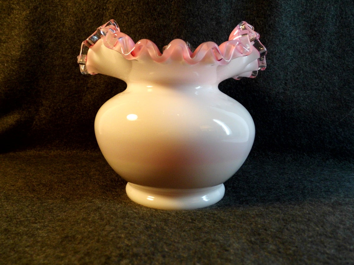 Fenton Vase White Milk glass with pink ruffle Etsy