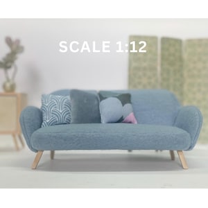 Dollhouse Miniature Sofa – 1:12 Scale Couch – Mid Century Miniature Furniture – Upholstered Handmade Sofa with Pillows – Gift for Collectors