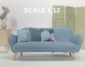 Dollhouse Miniature Sofa – 1:12 Scale Couch – Mid Century Miniature Furniture – Upholstered Handmade Sofa with Pillows – Gift for Collectors