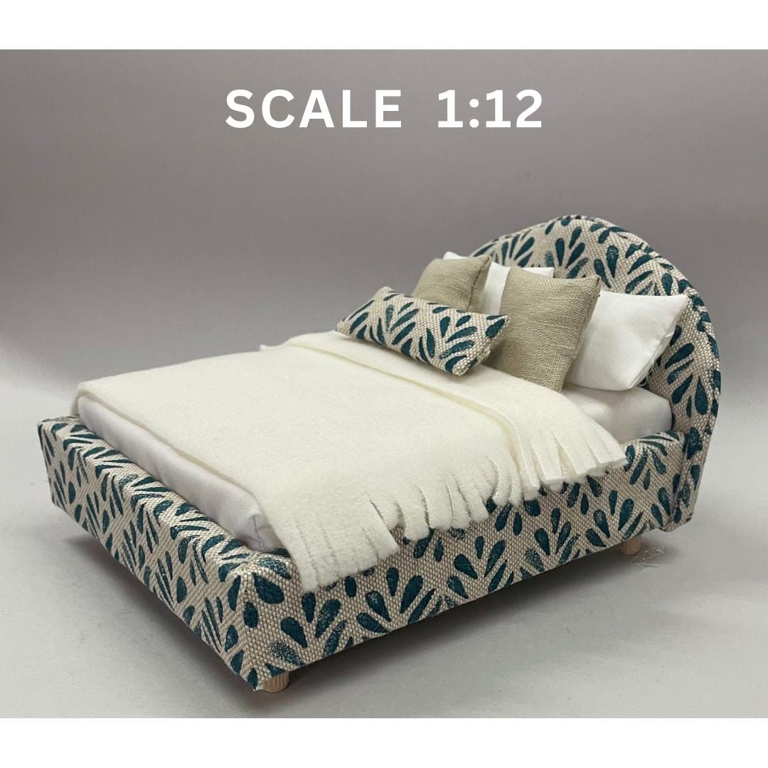 New! Linen Upholstered Dollhouse Modern Double Bed with Headboard, 1:12 Scale Miniature Furniture