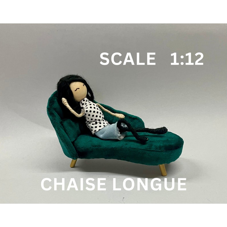 Miniature Chaise Lounge, Art Deco Miniature Sofa, 1:12 Scale Chaise Longue, Dollhouse Miniature Furniture, Velvet Chaise Longue image 3