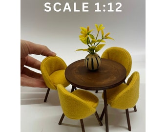Dining Table Chairs, Dollhouse Furniture, 1:12 Scale, Miniature Dining Set for Dollhouses, Modern Table Chairs, Unique Collection