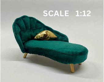 1:12 Scale Miniature Chaise Lounge, Art Deco Velvet Emerald Green Dollhouse Furniture, Miniature Sofa
