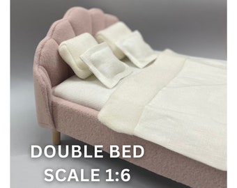 Dollhouse Double Bed, 1:6 Scale Miniature Furniture, Bed for 12” Dolls, Birthday Gift, Dollhouse Bedroom Accessories, Bed for Doll