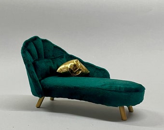Miniature Chaise Lounge, Art Deco Miniature Sofa, 1:12 Scale Chaise Longue, Dollhouse Miniature Furniture, Velvet Chaise Longue