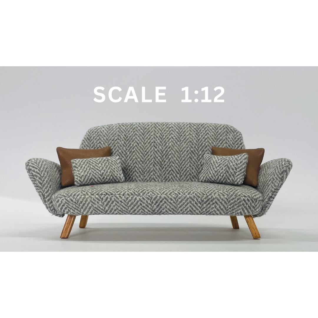 New! Herringbone Grey Sofa, 1:12 Scale Miniature Sofa, Miniature Furniture for Dollhouses, Modern Miniature Sofa with Faux Leather Cushions