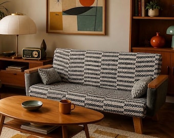 Mid Century Grey Sofa, Wooden Armrest Sofa, 1:12 Scale Dollhouse Living Room Furniture, Mid Century Miniature Furniture, Modern Sofa