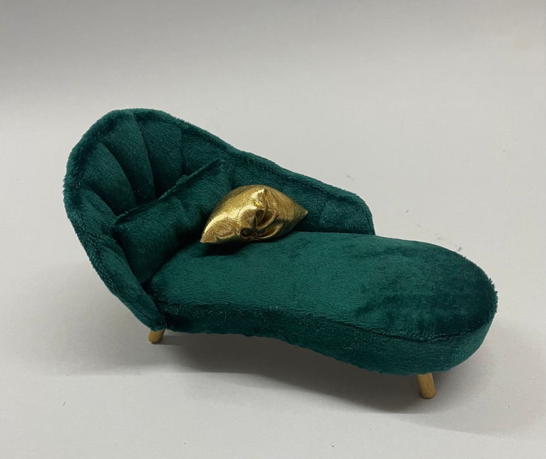 Miniature Chaise Lounge, Art Deco Miniature Sofa, 1:12 Scale Chaise Longue, Dollhouse Miniature Furniture, Velvet Chaise Longue image 4