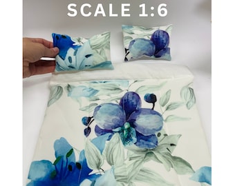 Dollhouse Bedding Set of 3, Miniature Bedsheets, 1:6 Scale Bedroom for 12” Doll, Dollhouse Pillows Duvet, Dollhouse Bedding Printed