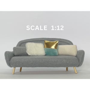 New! Modern Sofa, 1:12 Scale Miniature Sofa, Dollhouse Living Room, Miniature Furniture, Doll house Couch with Accent Cushions and Wood Legs