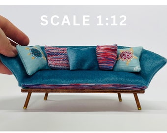 Modern Sofa with Cushions, Miniature Sofa, 1:12 Scale Sofa, Miniature Furniture, Modern, Dollhouse Sofa, Turquoise Velvet Dollhouse Sofa