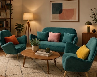 Poppenhuisbank en fauteuil, miniatuur poppenhuismeubilair, miniatuur fauteuil, woonkamerminiaturen, moderne bank op schaal 1:12 uniek