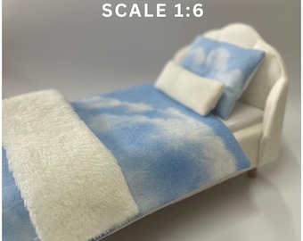 Dreamy Dollhouse Bedding Set of 5, Sky Blue Dollhouse Pillows, Miniature Duvet, 1:6 Scale Bed Sheets for 12" Doll, Miniature Bedsheets