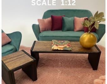 1:12 Scale Miniature Living Room Furniture Set, Modern Bench, Stool, Coffee Table, Center Table