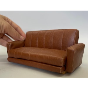 1:12 Miniature Leather Look Sofa – Modern Dollhouse Couch – Handmade Living Room Furniture – Realistic Mini Decor – Gift for Collectors