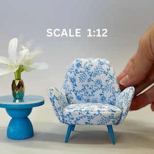 New! Blue Modern Armchair, 1:12 Scale Miniature Furniture, Dollhouse Bedroom Living Room, Handmade Unique Gift, Contemporary Dollhouse