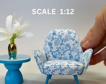 1:12 Scale Miniature Armchair, Dollhouse Furniture, Blue Floral Fabric Chair