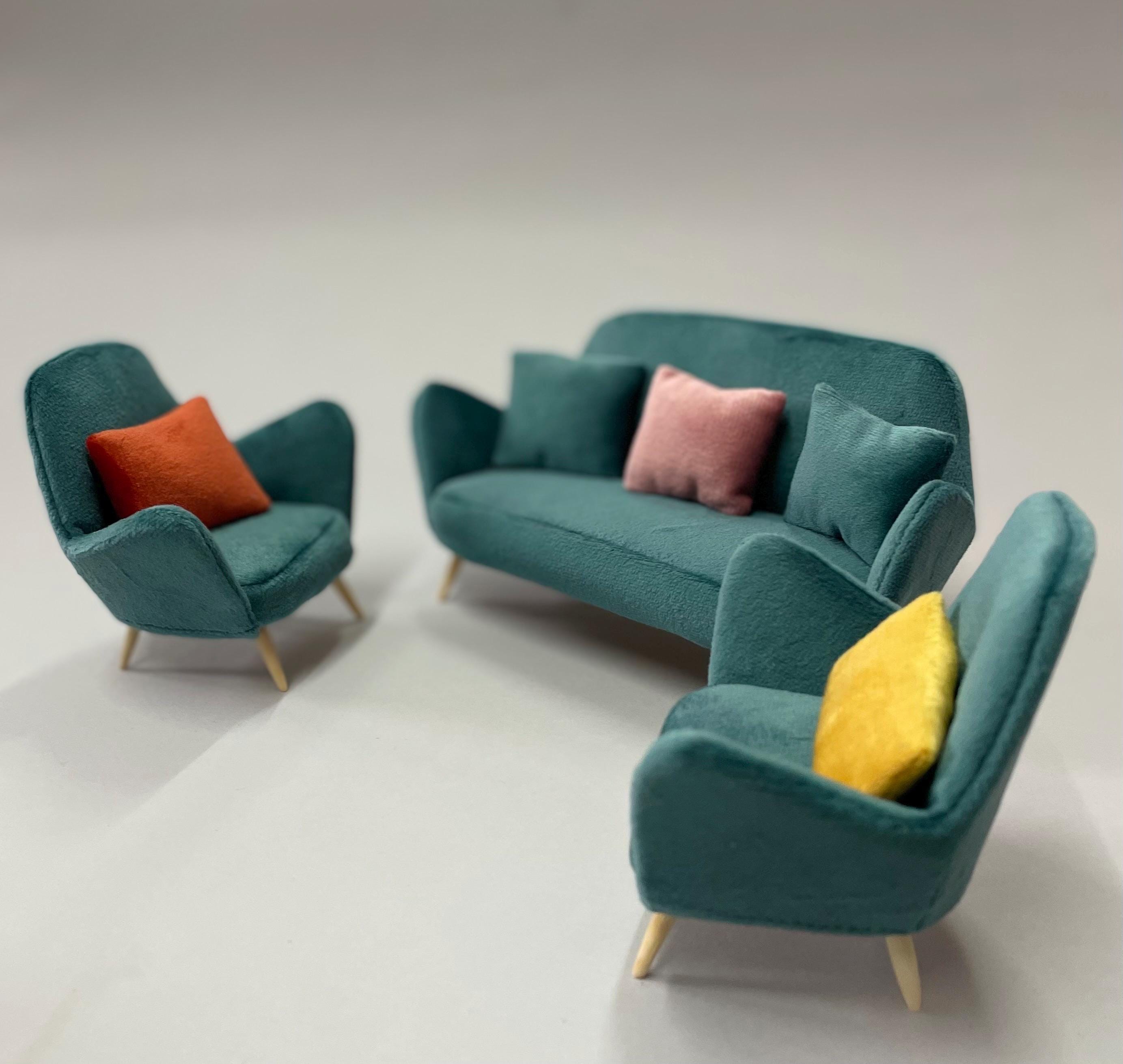 Dollhouse Sofa and Armchair, Miniature Dollhouse Furniture, Miniature Armchair, Living Room Miniatures, 1:12 Scale Modern Sofa Unique