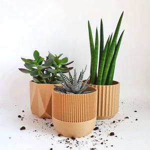 Juego de 3 macetas ecológicas: Macetas geométricas, diseñadas y fabricadas en el Reino Unido.