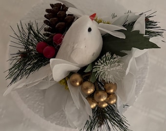 Christmas, Festive, Silk flower, white dove whitepoinsettia, berries, small flower cake topper, table decoration, Christmas posy decoration.