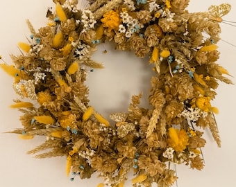 Handmade Dried Flower Wreath with Golden Butterflies, Natural Home Decor