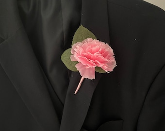 Pink carnation lapel, formal, wedding, button hole