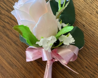 Handmade Pale Pink Silk Rose and Gypsophila buttonhole Wedding or special occasion lapel flower