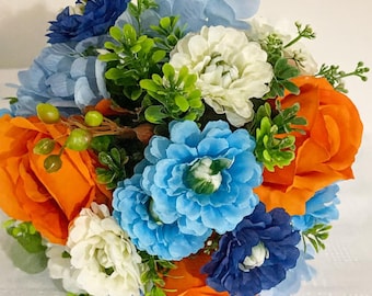 Bridesmaid Bouquet, Artificial Orange, Blue, and Ivory Flowers, Silk Ribbon