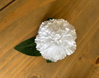 White Carnation with greenery and ribbon stem finish for  wedding, formal occasion button hole
