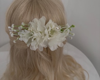 Handmade White Silk Cherry Blossom Hair Comb, includes Pearl effect Decoration for wedding hair or special occasions.