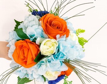 Handmade Rustic Wedding Posy Bouquet, Orange Roses, Blue Hydrangeas
