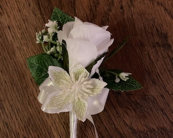 Handmade White Rose Wedding Buttonhole, Wildflower Lapel Pin