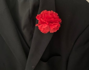 Hand made, artificial/silk red carnation lapel pin buttonhole