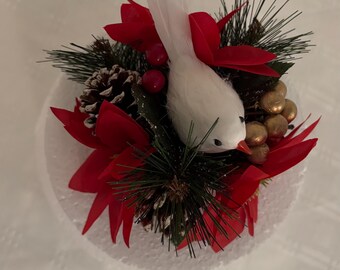 Christmas, Festive, Silk flower, white dove red poinsettia, berries, small flower cake topper, table decoration, Christmas posy decoration.