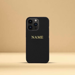 Personalised Black Pebble Leather Phone Case, iPhone 15, iPhone 15 Plus, iPhone 15 Pro, iPhone 15 Pro Max with Customised Name or Initials.