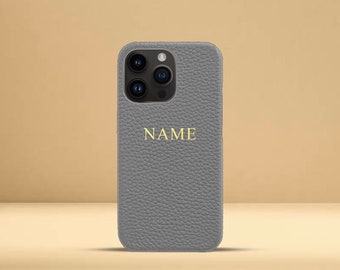 Personalised Grey Pebble Leather Phone Case, iPhone 13 Mini, iPhone 13, iPhone 13 Pro, iPhone 13 Pro Max with Customised Name or Initials.