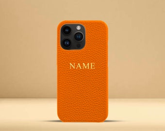 Personalised Orange Pebble Leather Phone Case, iPhone 12, 12 Pro, 12 Pro Max, 13, 13 Pro and 13 Pro Max with Customised Name or Initials.