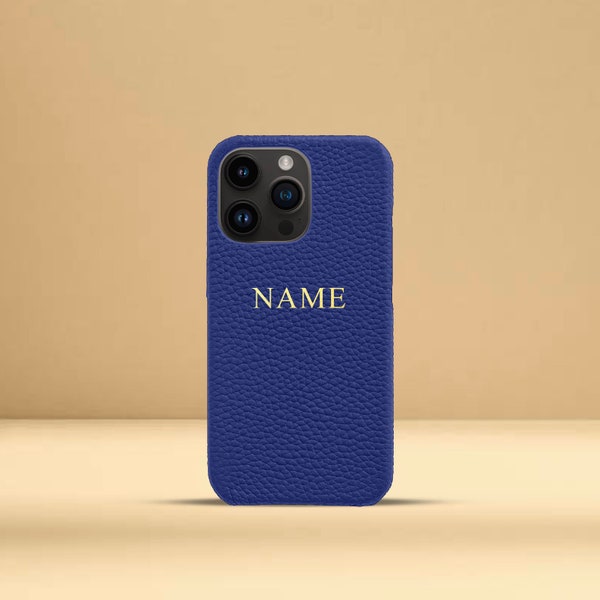 Personalised Royal Blue Pebble Leather Phone Case, iPhone 13, 13 Pro, 13 Pro Max with Customised Name or Initials.