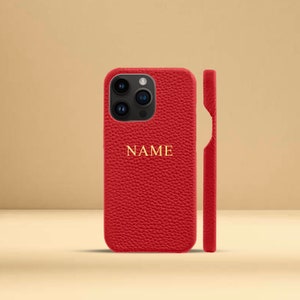 Personalised Red Pebble Leather Phone Case for iPhone all models - 13, 13 Pro, 13 Pro Max with Customised Name or Initials.