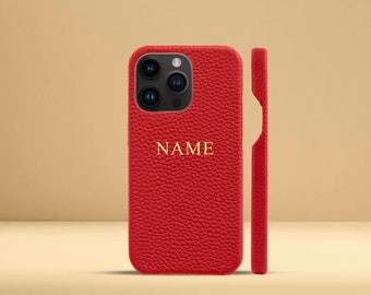 Personalised Red Pebble Leather Phone Case for iPhone all models - 13, 13 Pro, 13 Pro Max with Customised Name or Initials.