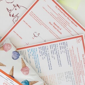 May include: A close-up of a colorful educational worksheet with the title "The Official Cheat Sheet Appendix" and "Appendix A: Short Vowel Sounds". The worksheet features a chart with Arabic letters and their corresponding vowel sounds.