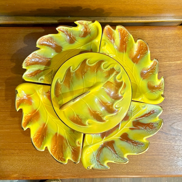 Mid Century California Pottery 800 Yellow Leaf Serving Platter with Lazy Susan
