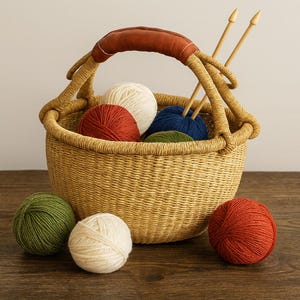 Puede incluir: Una cesta de mimbre con un asa de cuero marrón contiene ovillos de lana de colores rojo, blanco, azul y verde. Dos agujas de tejer de madera están dentro de la cesta. Varios ovillos de lana están fuera de la cesta.