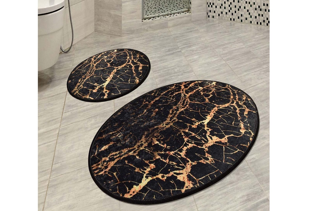 Gold Marble Bathroom Rug Set Black Bath Mat Non Slip Bath Etsy