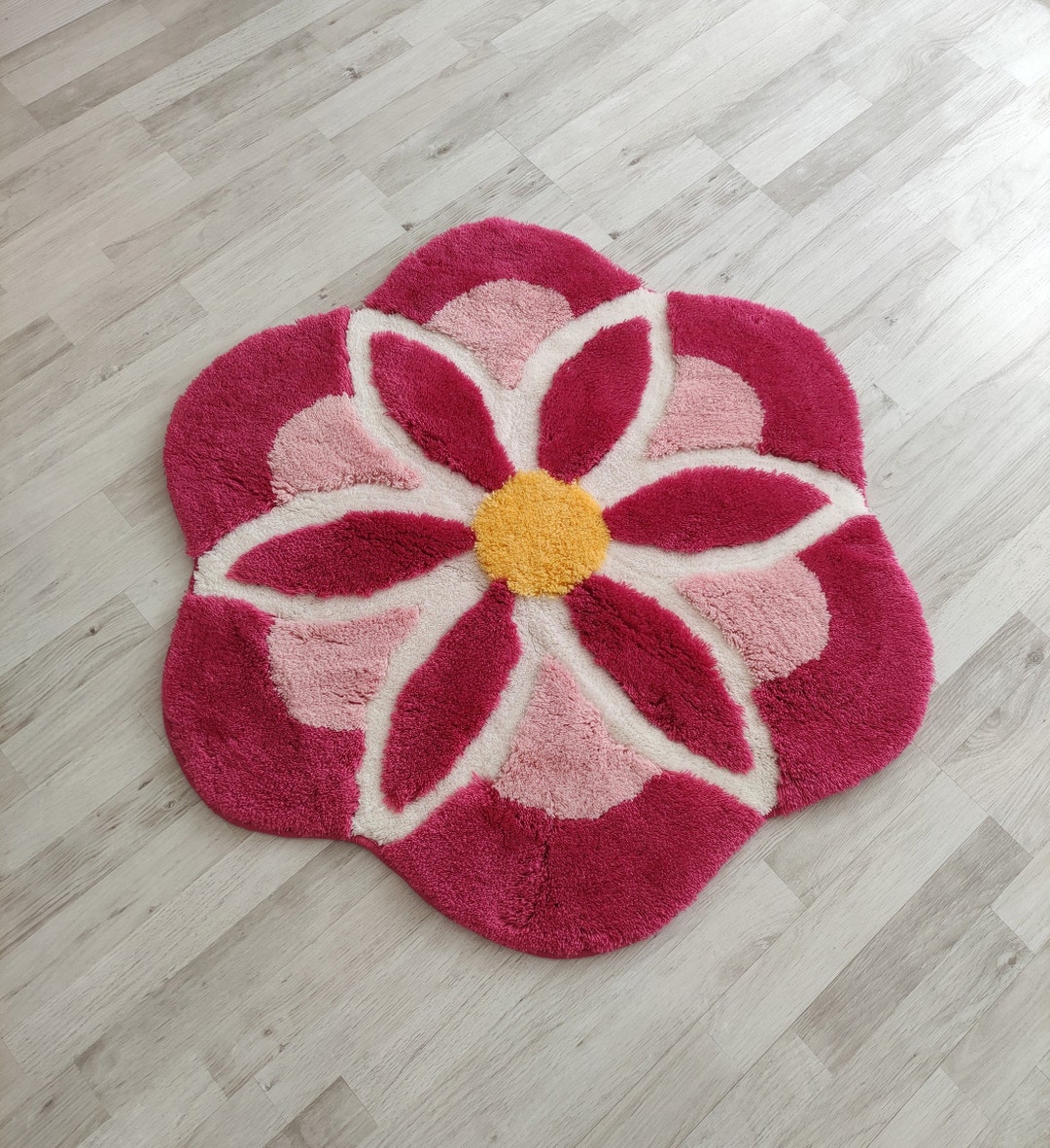 Fluffy Flower Rug, Pink Rug, Cute Bath Mat, Aesthetic Rug, Tufted Rug