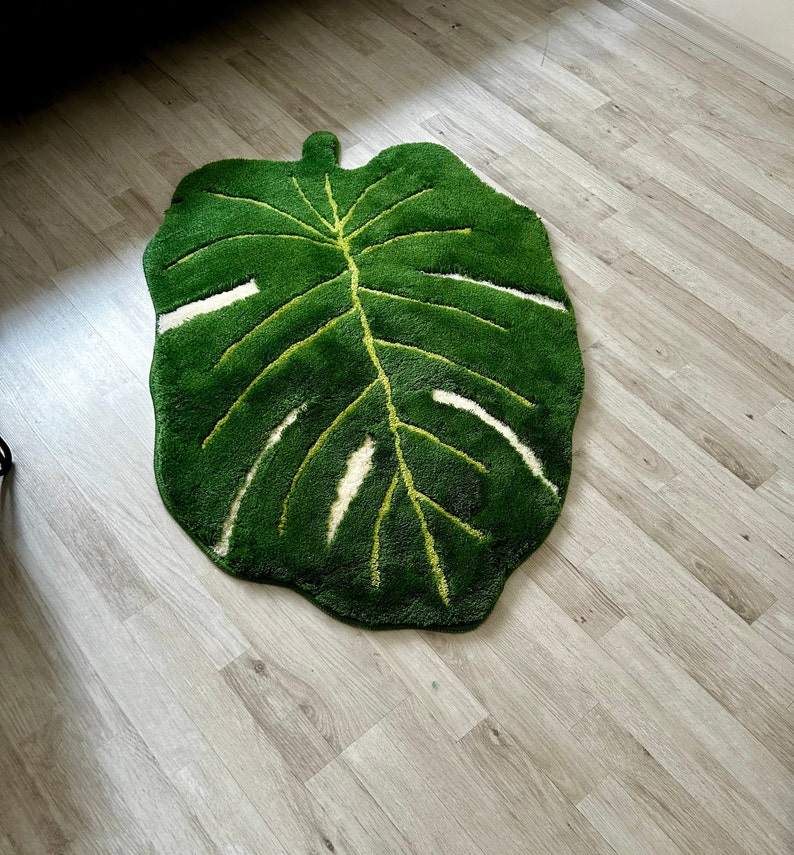 Monstera Albo Leaf Rug Green Rug Fluffy Bath Rug Tufted Etsy