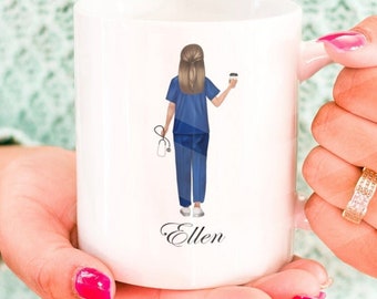 May include: White ceramic mug featuring a blue and white illustration of a nurse holding a coffee cup and a stethoscope. The mug is personalised with the name "Ellen" printed on the bottom.